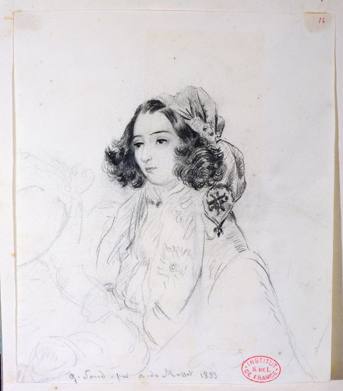 George Sand (1804-76) con un pañuelo en la cabeza, 1833 de Alfred de Musset