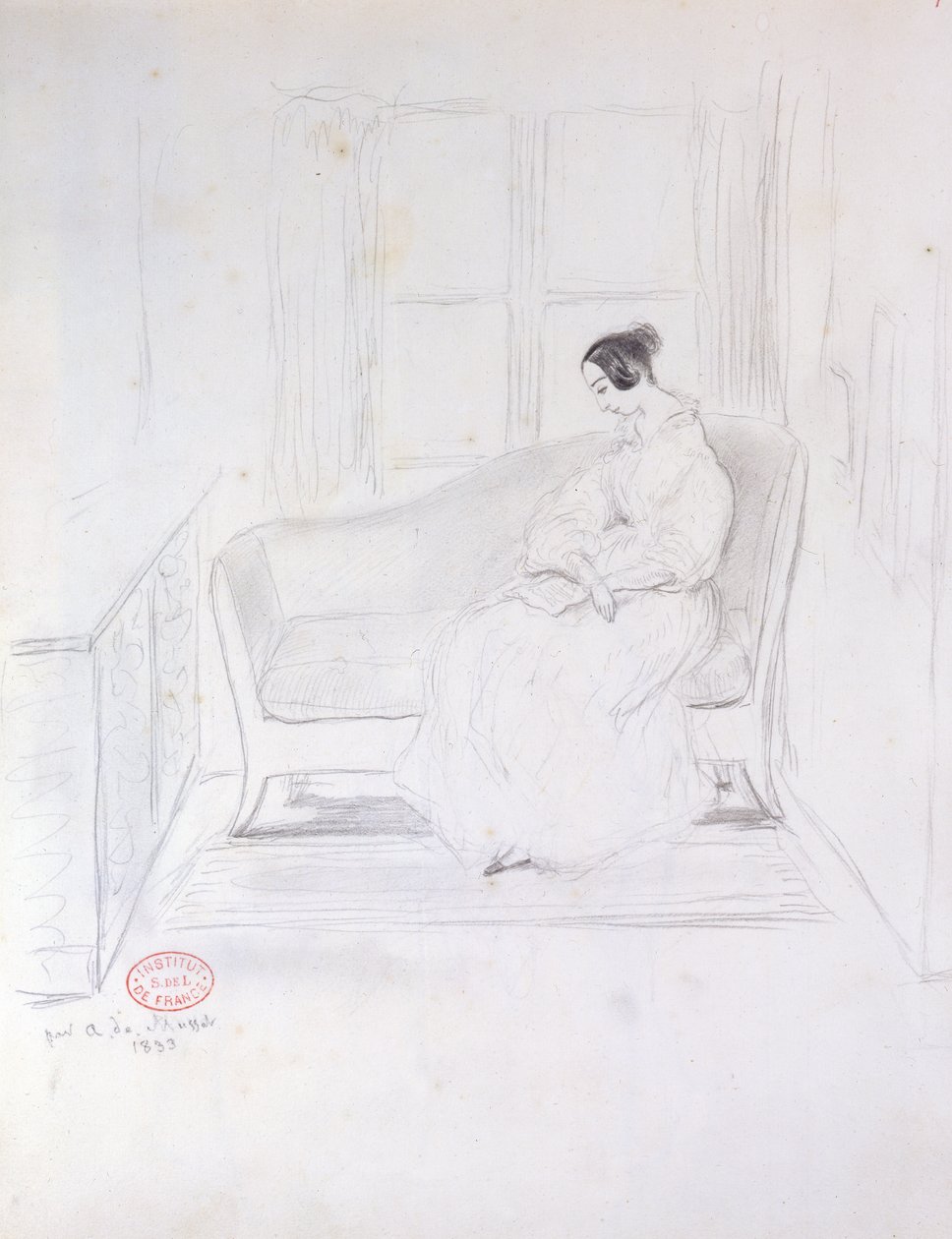 George Sand (1804-76), leyendo en un sofá junto a una ventana, 1833 de Alfred de Musset