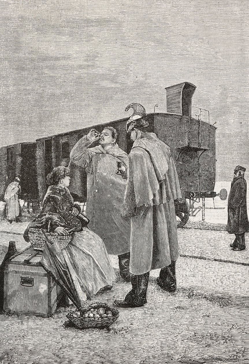Five Minutes Stop, dos hombres de pie en una parada de tren bebiendo y comiendo, grabado de un cuadro de Alfredo Luxoro (1859-1918), de L