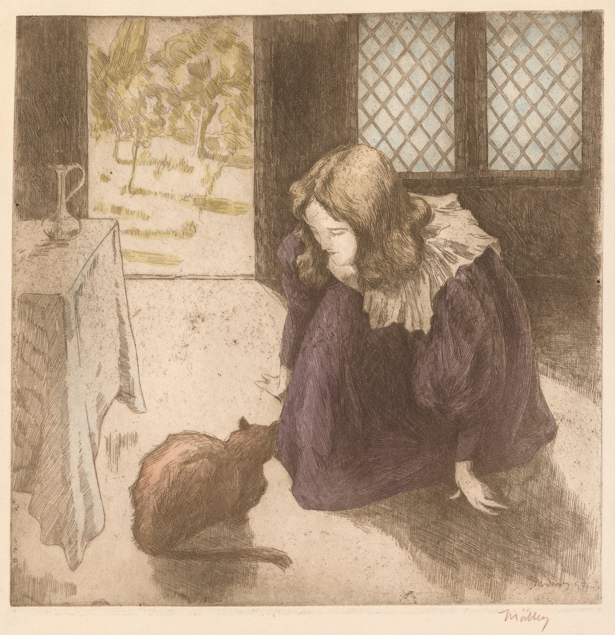Interior, niña pequeña con gato de Alfredo Müller