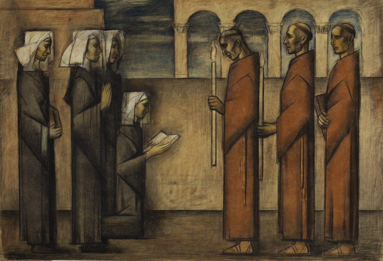 Frailes y monjas, c.1934 (pastel sobre papel) de Alfredo Ramos Martinez
