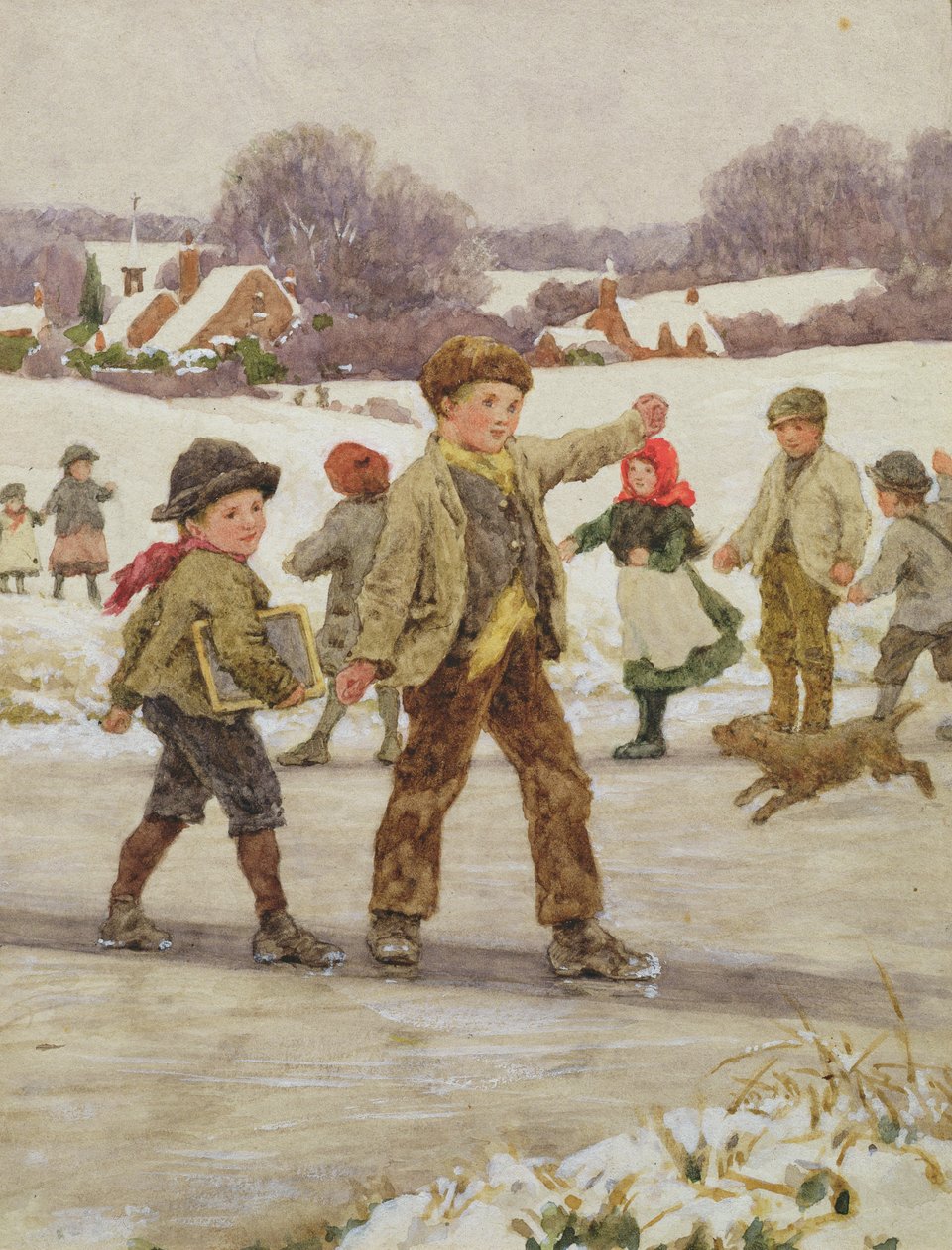 Niños deslizándose en un estanque de Alice Clausen