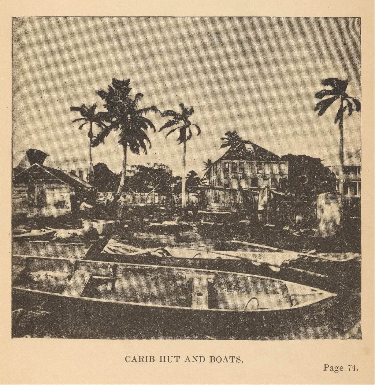 Choza caribe y barcos de Alice D. Le Plongeon