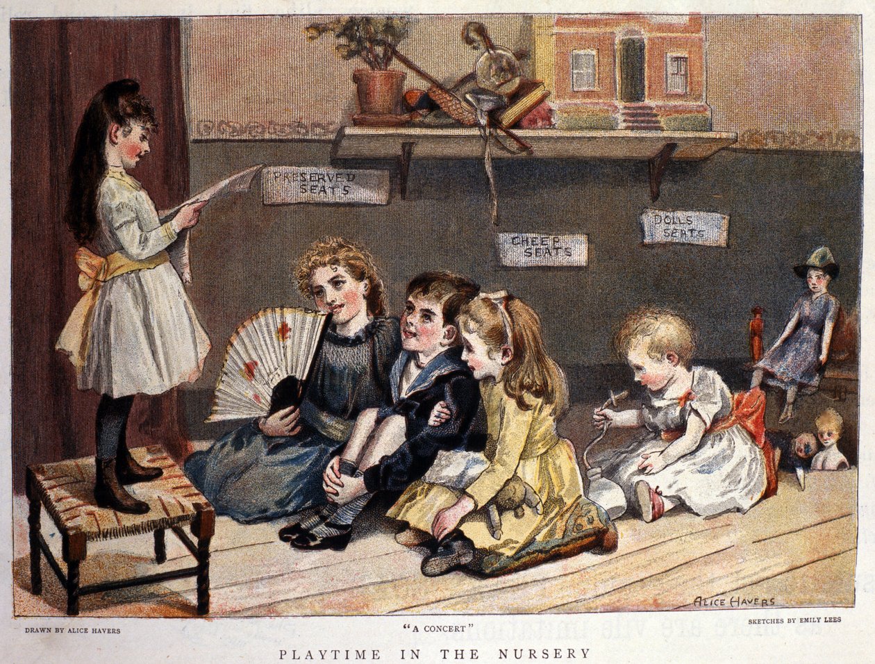 Juegos infantiles: “el concierto” Una niña canta frente a una audiencia de niños y juguetes. Dibujo de Alice Havers. 1877 de Alice Havers
