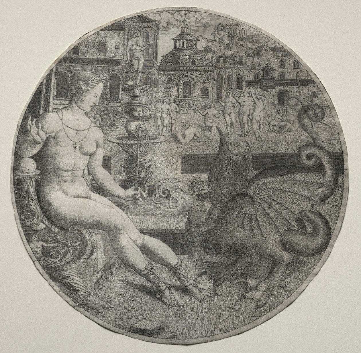 Mujer desnuda y un dragón, 1523 de Allaert Claesz