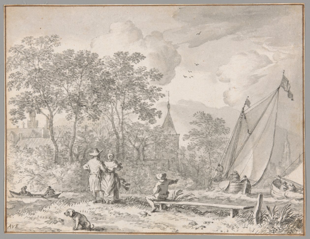 Paisaje con figuras elegantes junto a un río, con barcos a la derecha y una ciudad detrás de árboles más allá de Allaert van Everdingen