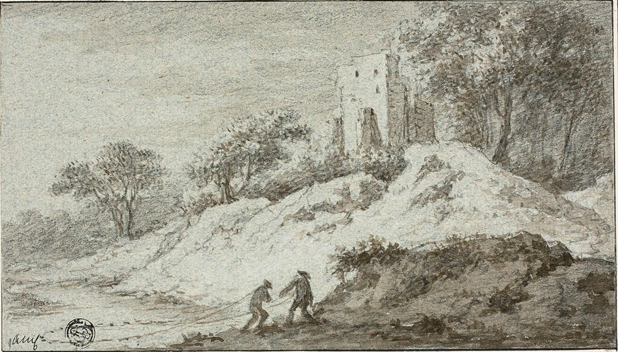 Paisaje con dos figuras y un castillo sobre una colina de Allaert van Everdingen