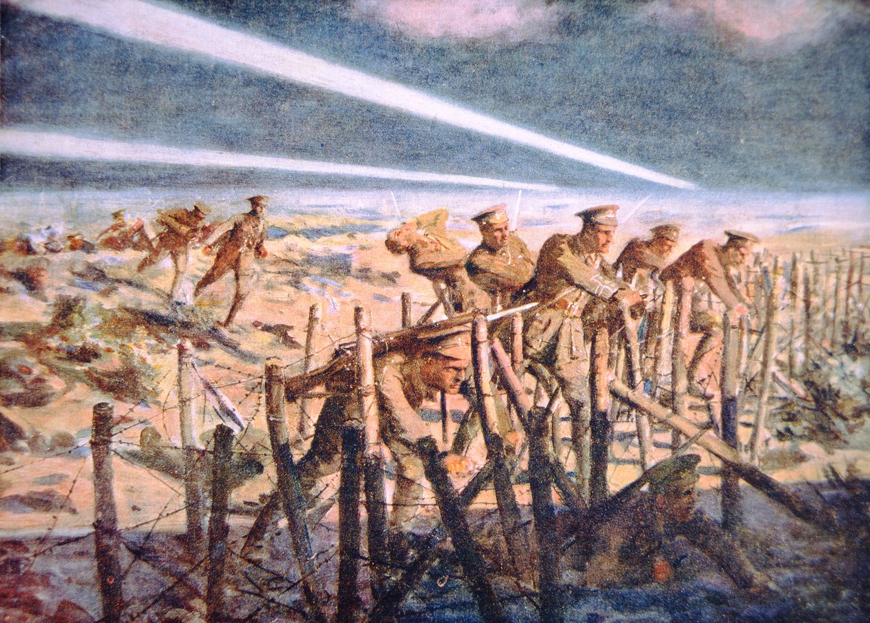 Soldados británicos cortando las defensas alemanas de alambre de espino por la noche en el Frente Occidental (litografía en color) de Allan (after) Stewart