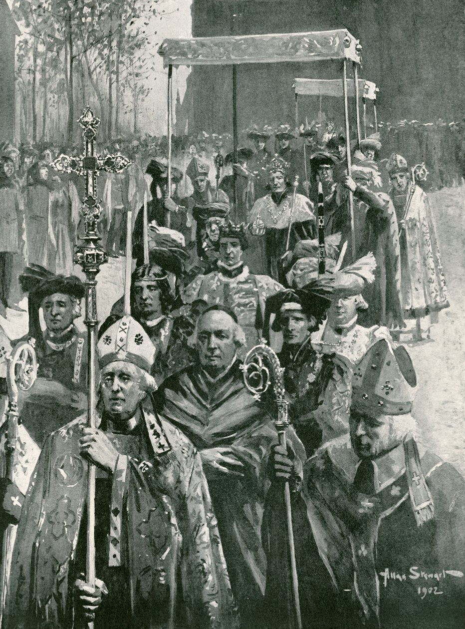 La procesión desde la Abadía hasta la sala en la coronación de Ricardo III y Ana de Warwick (litografía) de Allan (after) Stewart
