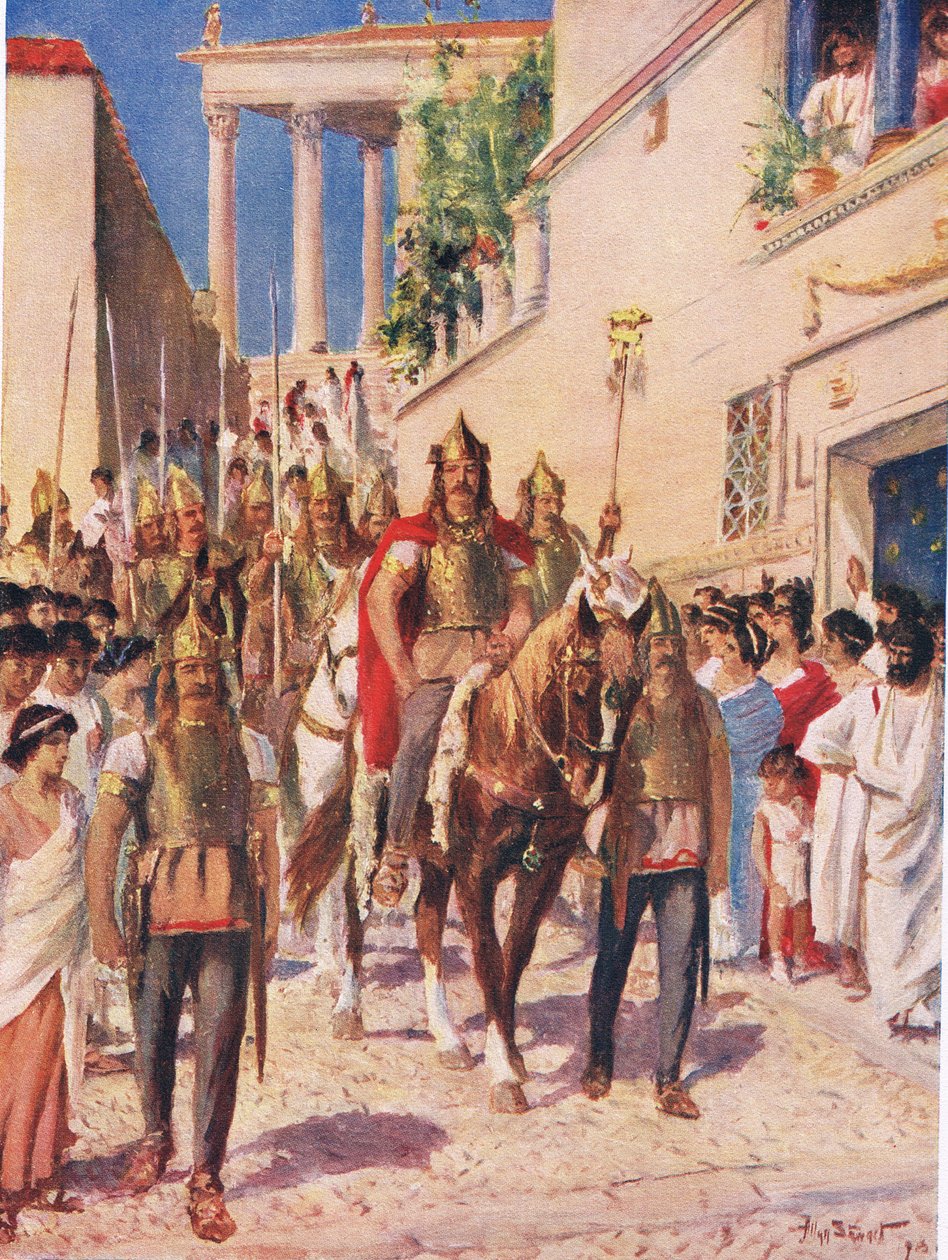 Alarico el Godo entrando en Atenas en el año 395, ilustración de la "Historia de las Naciones de Hutchinson". de Allan Stewart