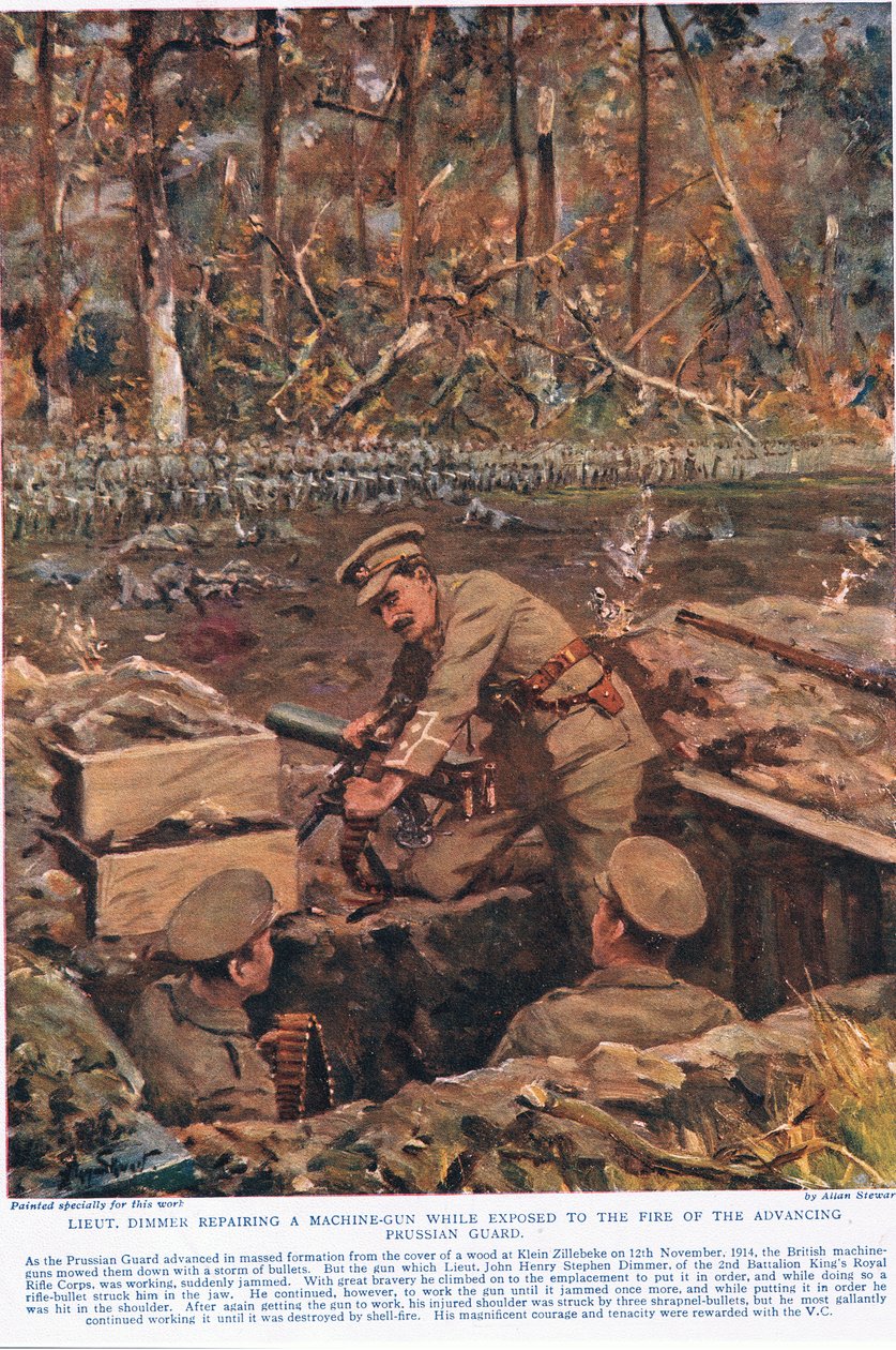 El teniente Dimmer reparando una ametralladora mientras está expuesto al fuego de la guardia prusiana que avanza, ilustración de "Deeds that Thrill the Empire", publicada por Hutchinson & Co., c.1920 (litografía en color) de Allan Stewart