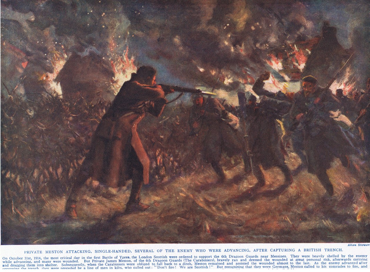 El soldado Meston atacando, con una sola mano, a varios de los enemigos que avanzaban, tras capturar una trinchera británica, ilustración de "Deeds that Thrill the Empire", publicada por Hutchinson & Co., c.1920 (litografía en color) de Allan Stewart