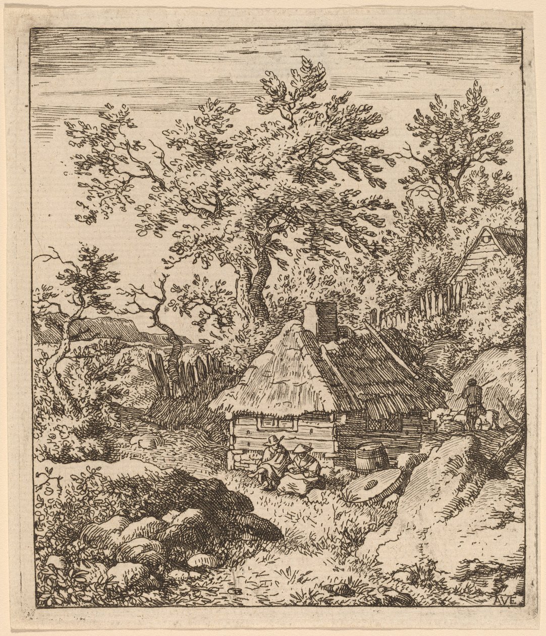 Paisaje con piedra de molino cerca de un barril de Allart van Everdingen