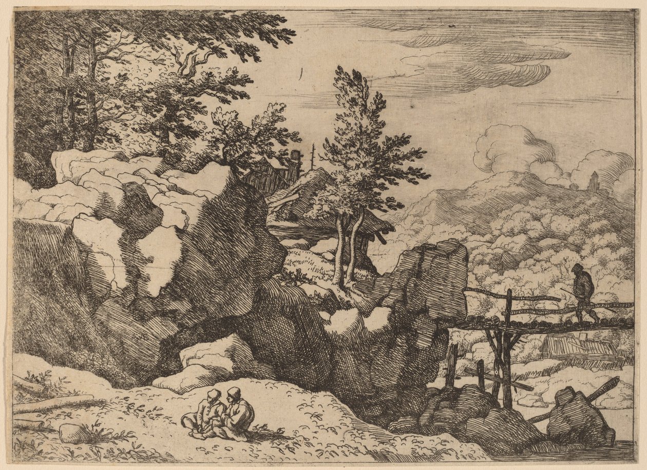 Hombre en un Pequeño Puente de Madera, probablemente c. 1645-1656 de Allart van Everdingen