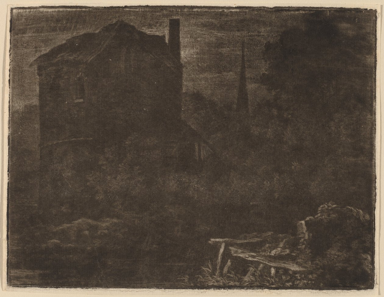 Paisaje nocturno con casa y aguja de iglesia de Allart van Everdingen