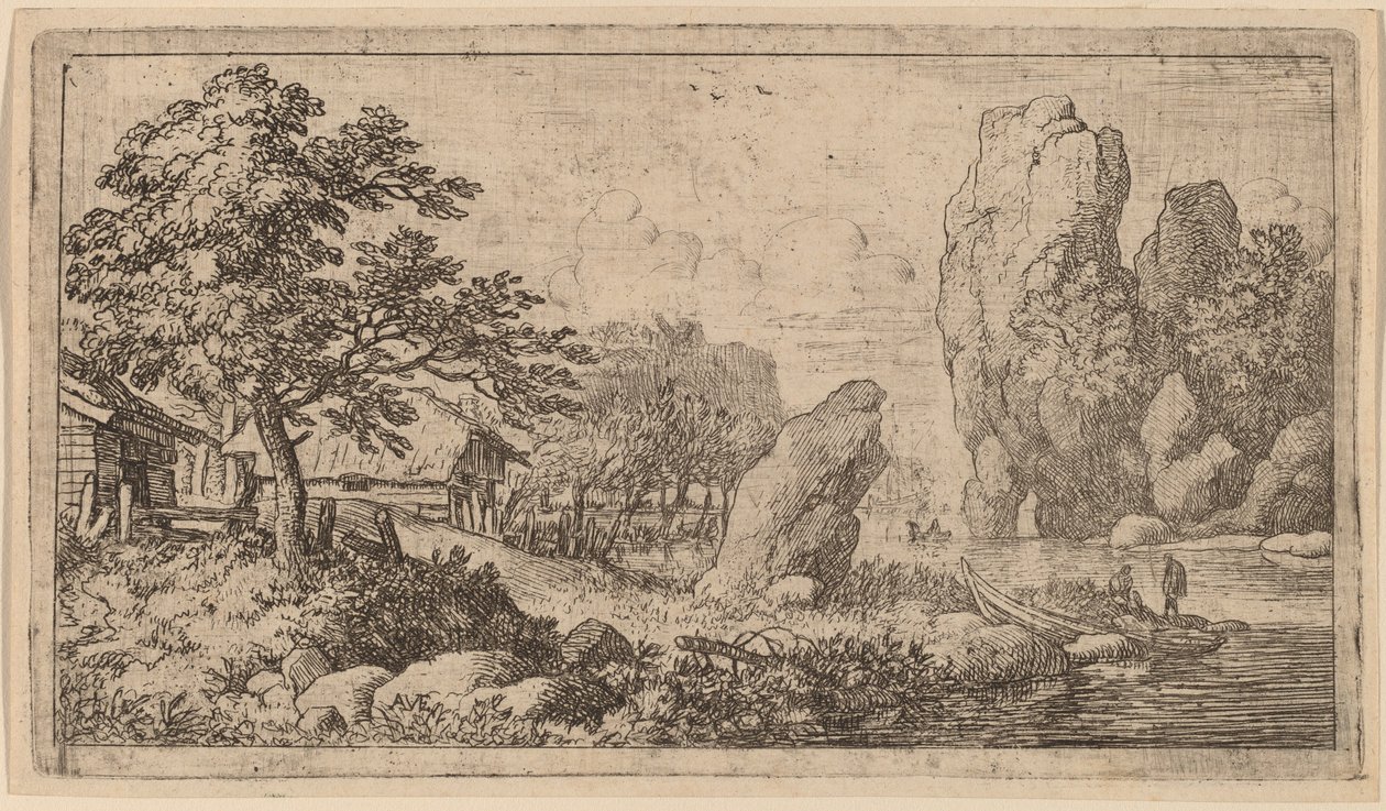 Roca puntiaguda en la orilla de un río, probablemente c. 1645-1656 de Allart van Everdingen