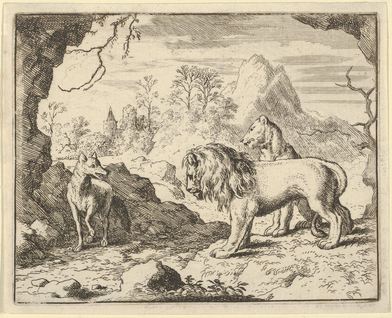 Renard convence al león y la leona de encontrar un tesoro que su padre les robó... de Allart van Everdingen