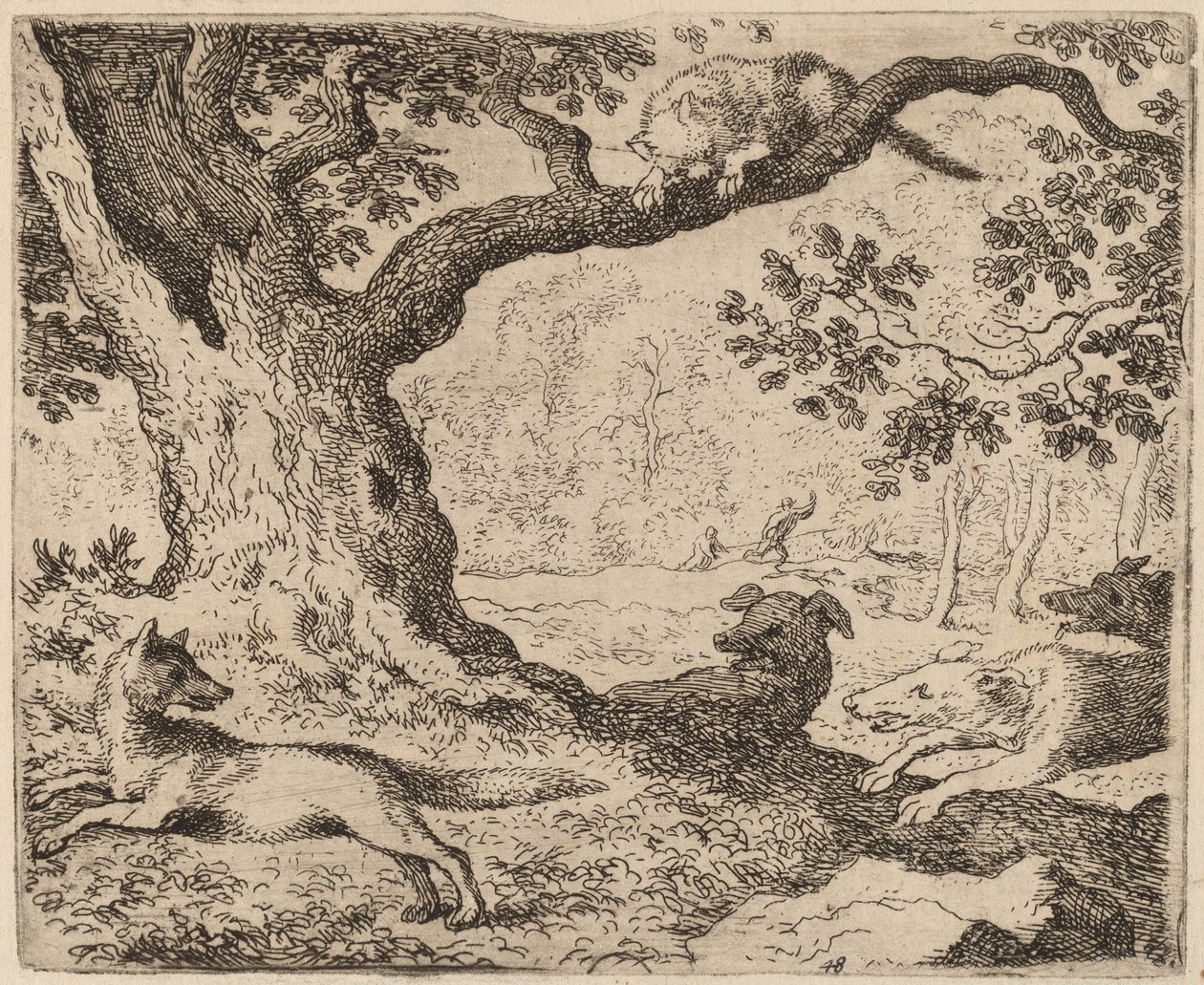 El padre de Reynard y el gato perseguidos por perros de Allart van Everdingen
