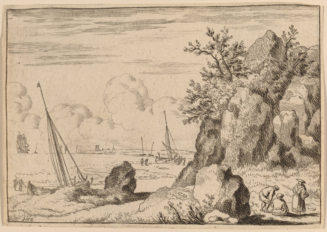 Paisaje marino con tres figuras a la derecha, probablemente c. 1645-1656 de Allart van Everdingen