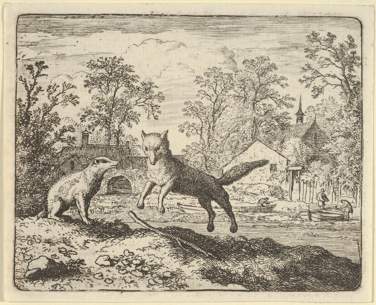 El tejón impone como castigo saltar tres veces sobre un palo en el suelo, 1650-75 de Allart van Everdingen