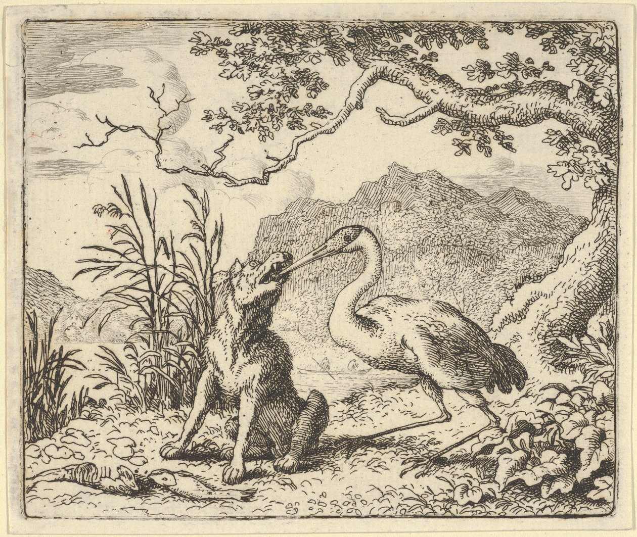 La cigüeña saca un hueso de la garganta del lobo de Renard The F... de Hendrick van Alcmar, 1650-75 de Allart van Everdingen