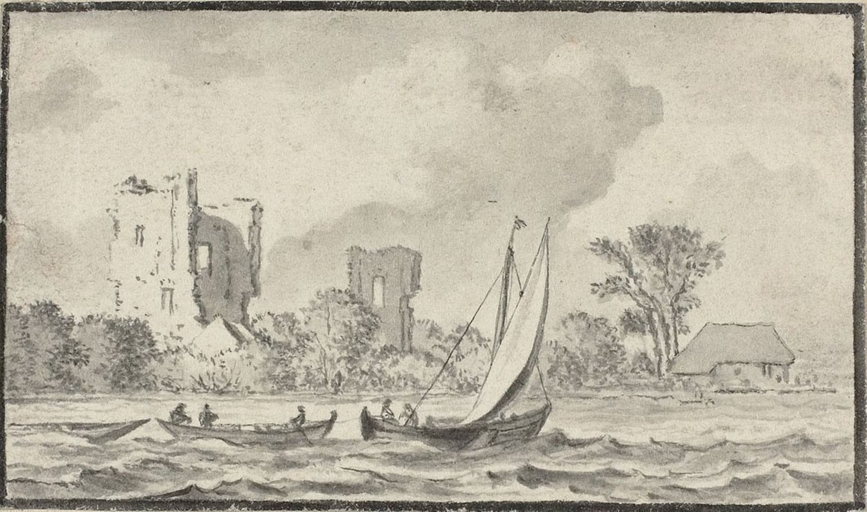 Tres Barcos en un Río con Ruinas a lo Largo de la Orilla de Allart van Everdingen