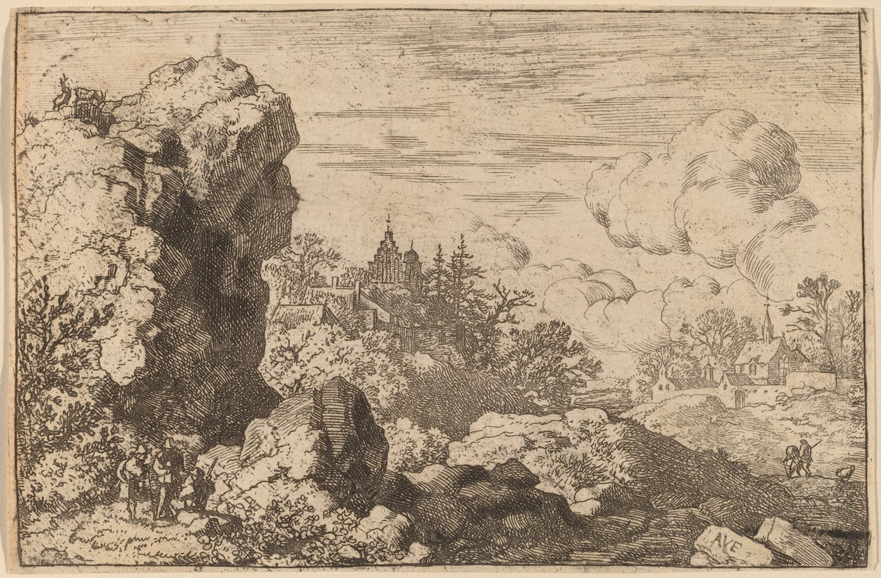 Tres viajeros al pie de una roca alta, probablemente c. 1645-1656 de Allart van Everdingen