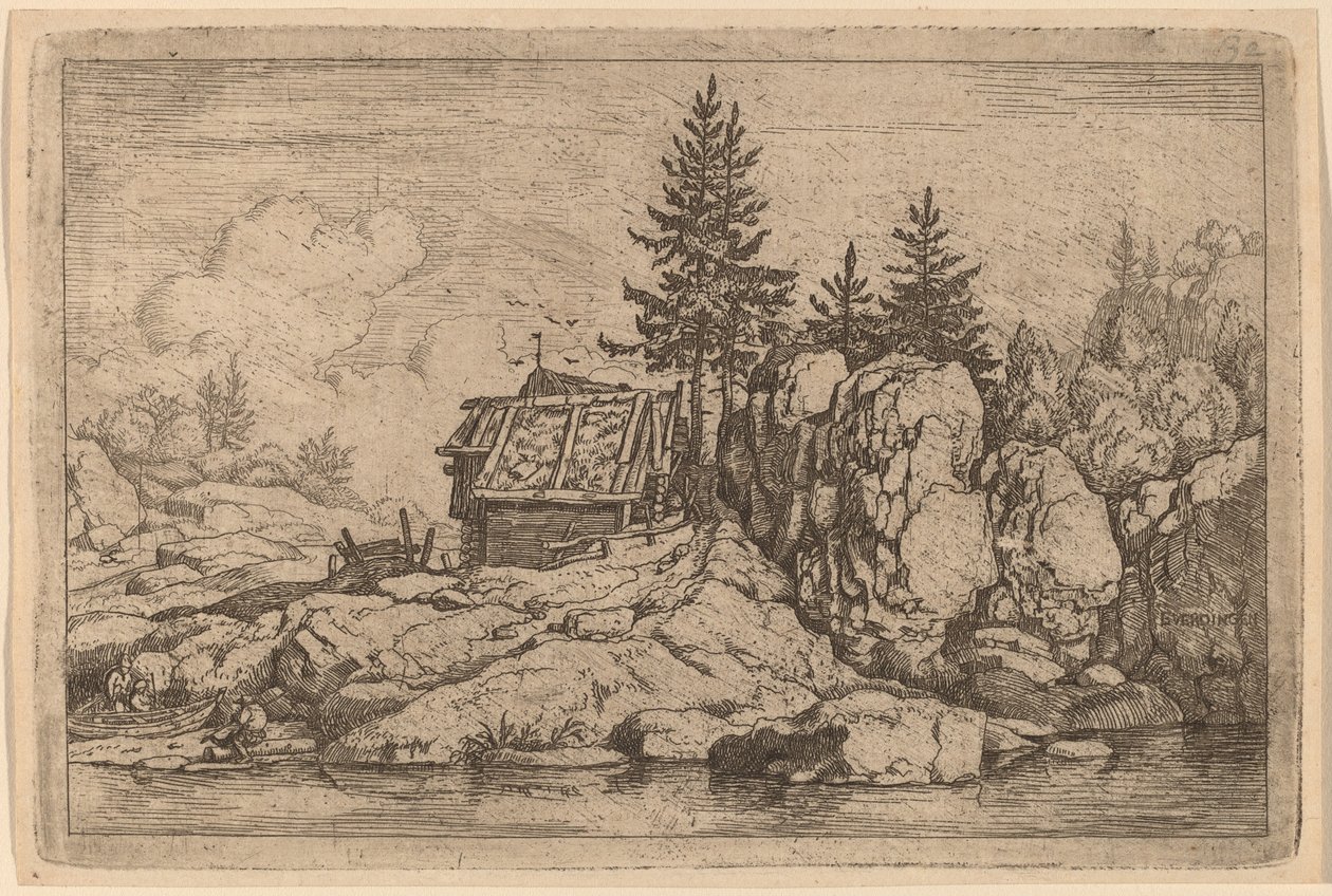 Dos abetos cerca de cabañas, probablemente c. 1645-1656 de Allart van Everdingen