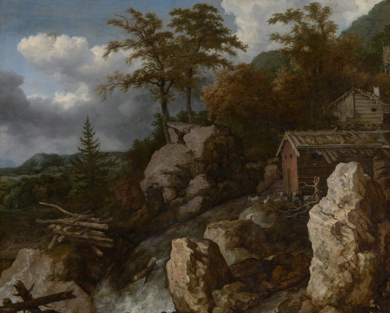 Cascada con cabañas de madera de Allart van Everdingen