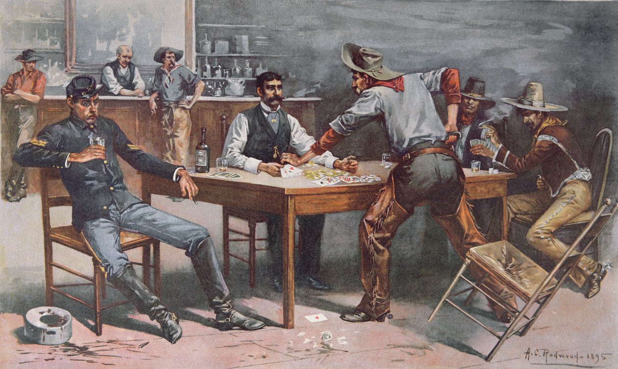Discusión sobre cartas en un salón del Oeste de Allen Carter (after) Redwood
