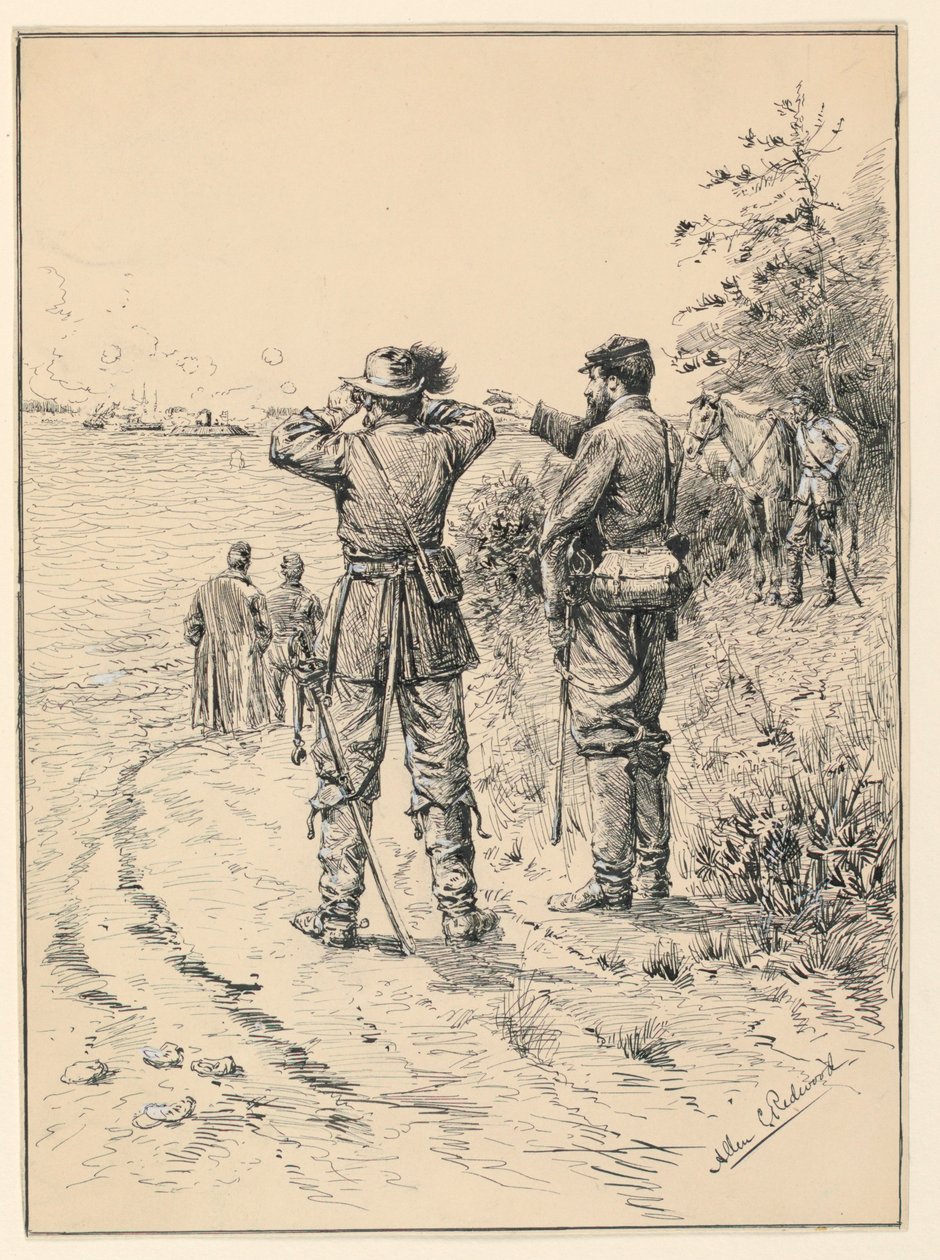 Oficiales y general observando una batalla naval (Batalla del Monitor y el Merrimac) de Allen Carter Redwood