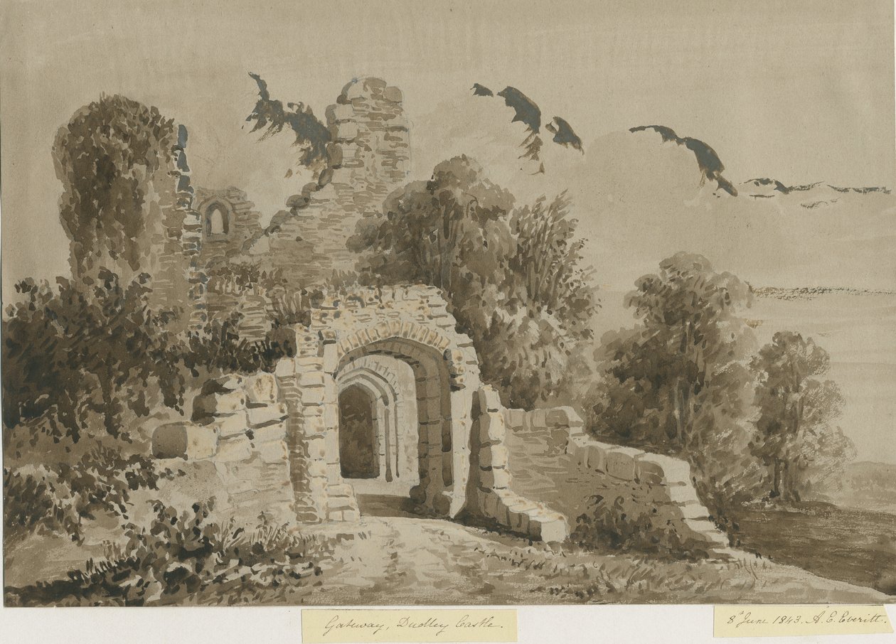 Castillo de Dudley - La puerta: dibujo a lavado en rojo-sépia, 8 de junio de 1843 de Allen Edward Everitt