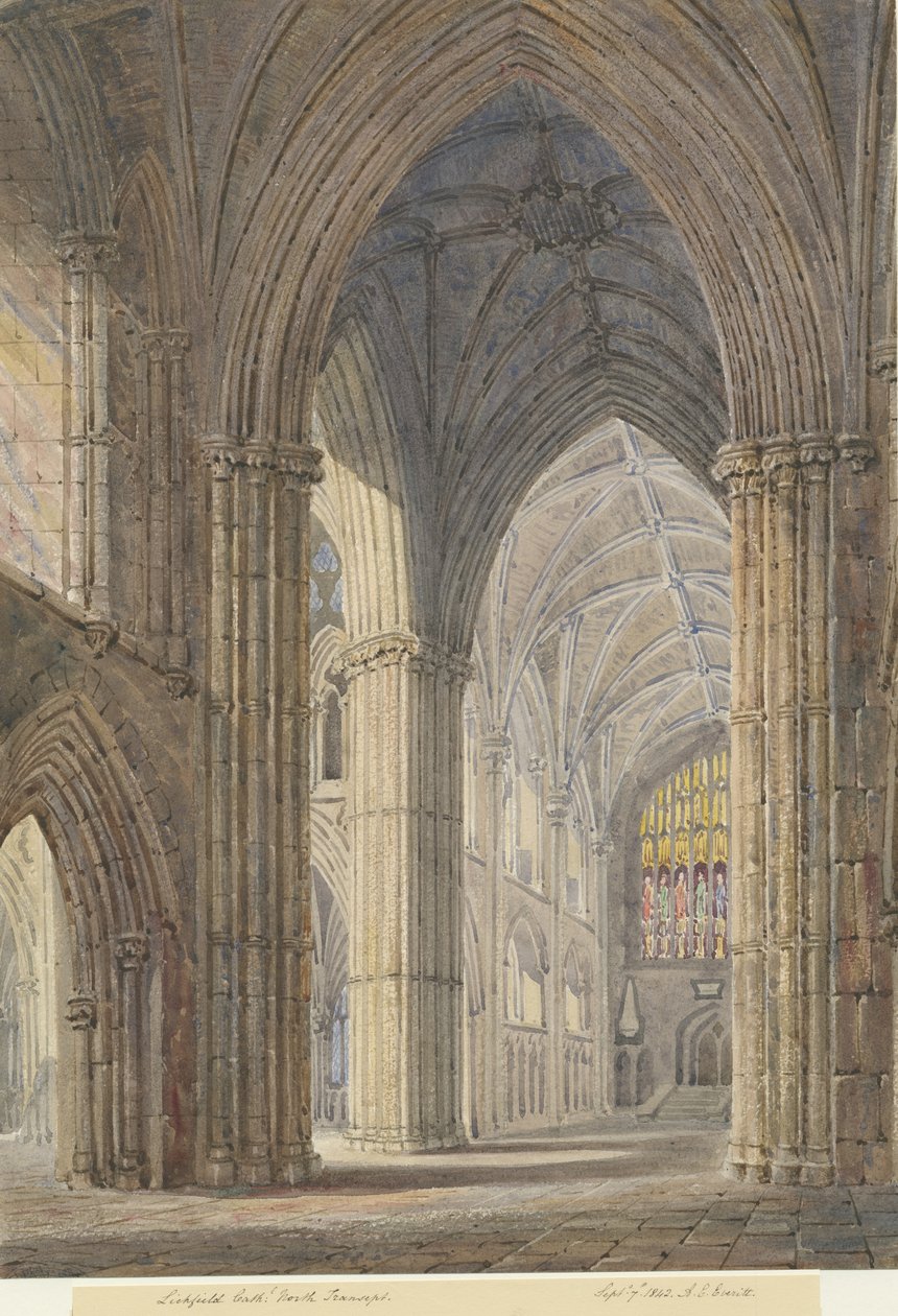 Interior de la Catedral de Lichfield - Transepto Norte: pintura en acuarela de Allen Edward Everitt