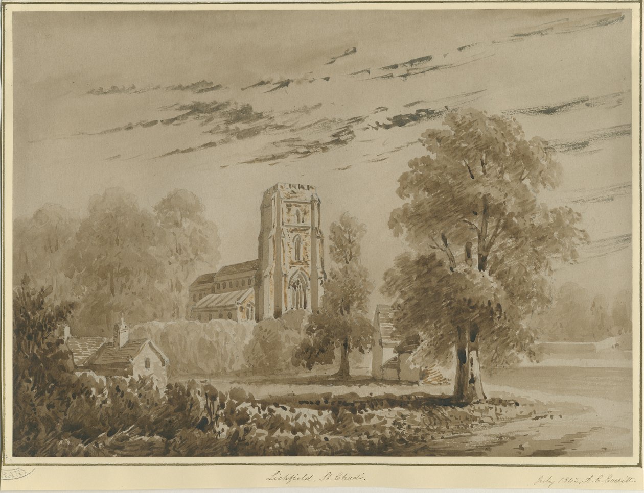 Lichfield - Iglesia de San Chad: dibujo en sepia rojo, Jul 1842 de Allen Edward Everitt