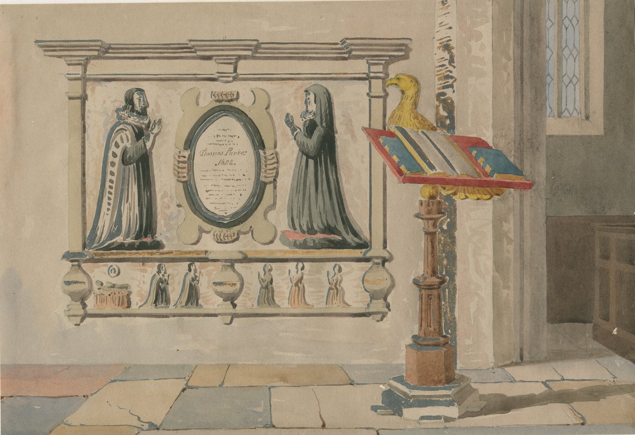 Iglesia de Wednesbury - Monumento a Thomas y Eleanor Parkes: acuarela de Allen Edward Everitt
