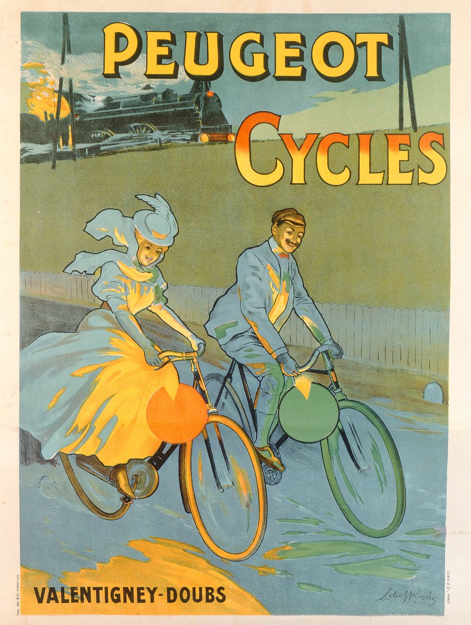 Cartel publicitario de las bicicletas Peugeot (litografía en color) de Almery Lobel Riche