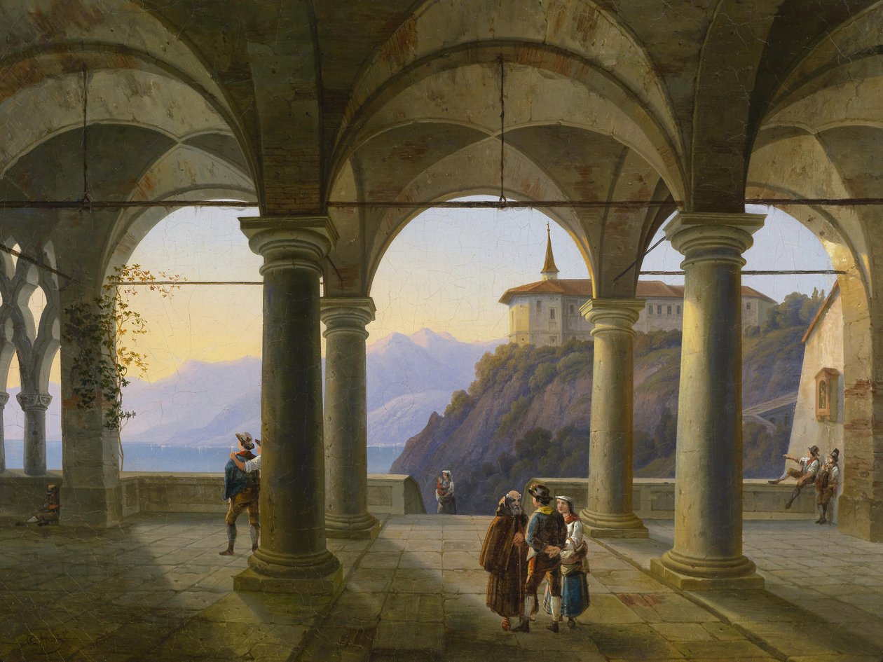 Terraza con Columnas con Figuras y Vista de un Lago de Montaña de Alois Gustav Schulz