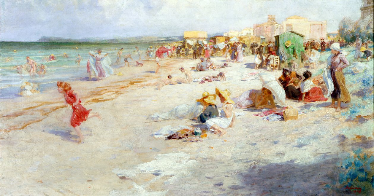 Una playa concurrida en verano de Alois Hans Schram