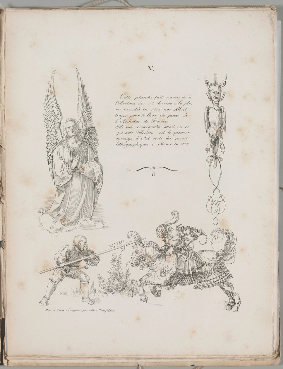 El arte de la litografía: Tres diseños del Libro de oraciones de Durero, Lámina V de Alois Senefelder