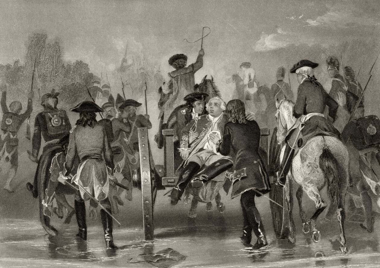 El general Edward Braddock herido de muerte se retira del río Monongahela en 1755 tras un ataque de fuerzas francesas e indias, de 