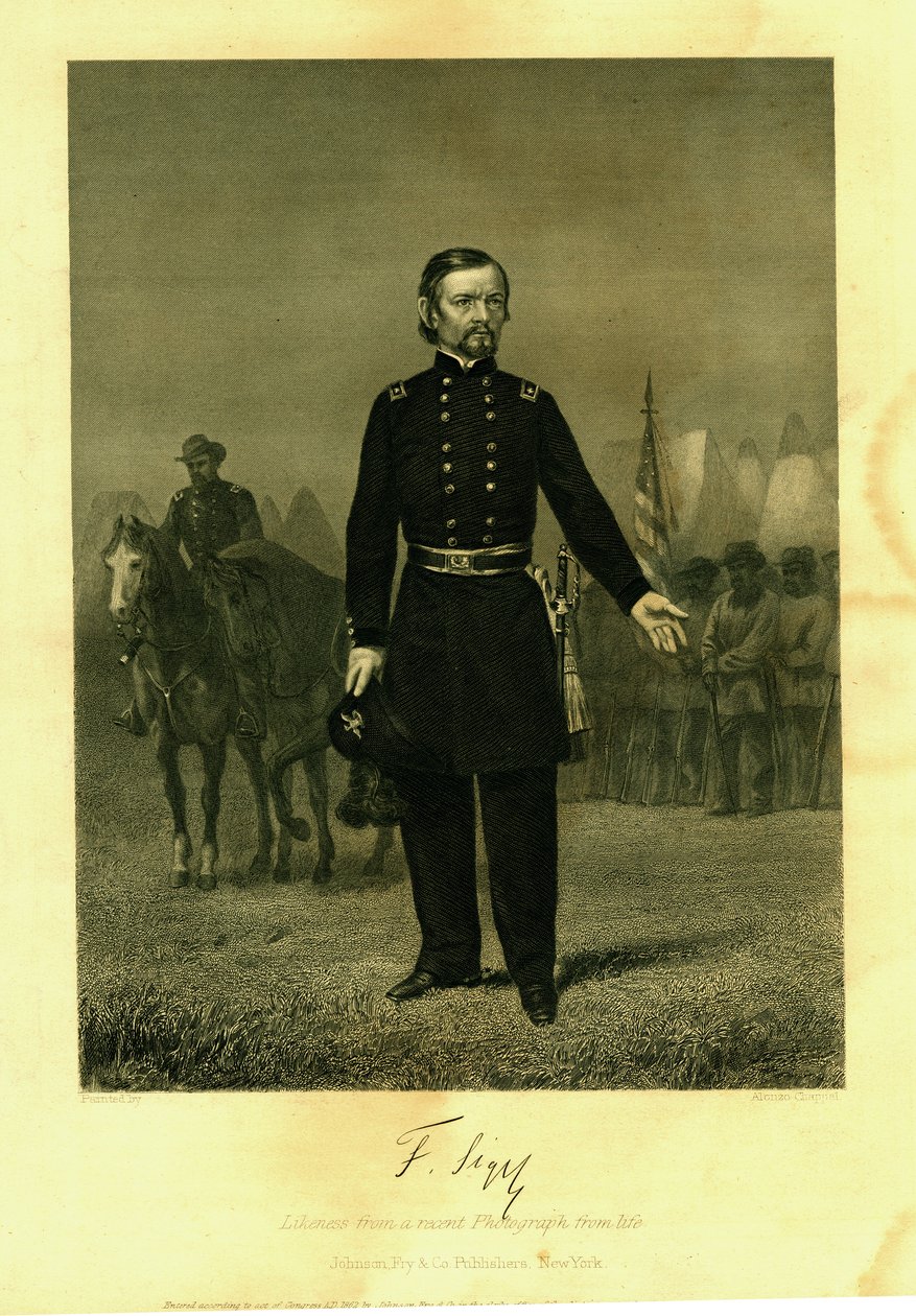 Impresión del General Siegel en uniforme con una espada. Soldados con una bandera de batalla de Alonzo Chappel