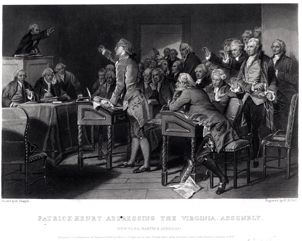 Patrick Henry dirigiéndose a la Asamblea de Virginia, marzo de 1775 grabado por Henry Bryan Hall (1808-84), 1856 de Alonzo Chappel