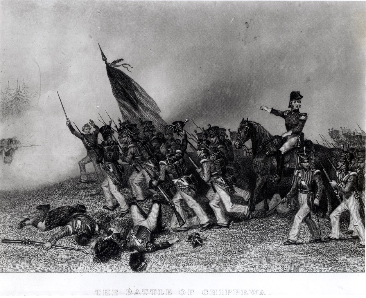 La batalla de Chippewa, el General Scott ordenando la carga del batallón de McNeil, 5 de julio de 1814, grabado por Johnson, Fry und Co. de Alonzo Chappel