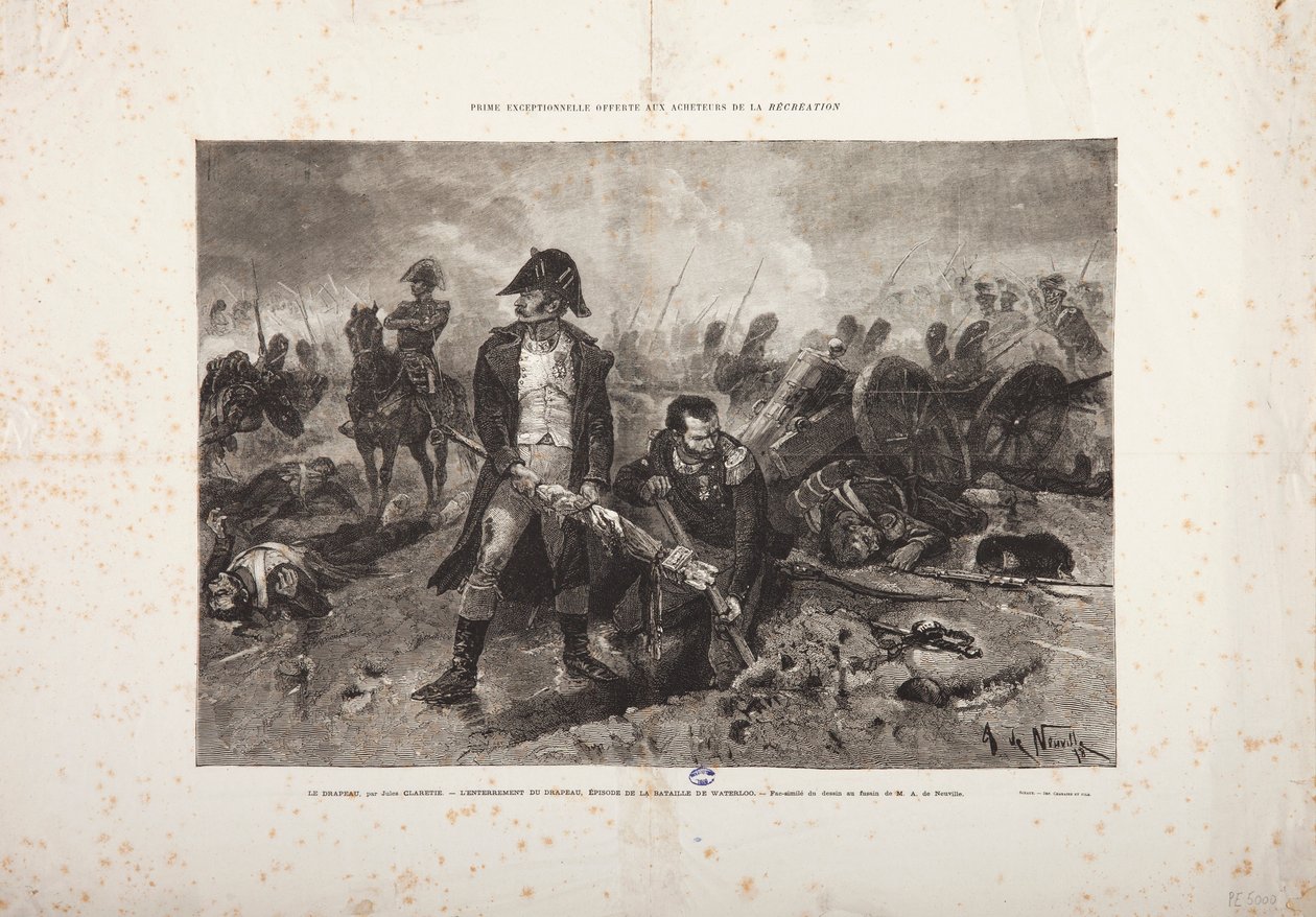 El Entierro de la Bandera, Episodio de la Batalla de Waterloo, grabado por Jules Claretie de Alphonse Marie de Neuville