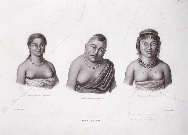Esposas de los jefes hawaianos de las Islas Sandwich, c.1824 (grabado) de Alphonse (after) Pellion