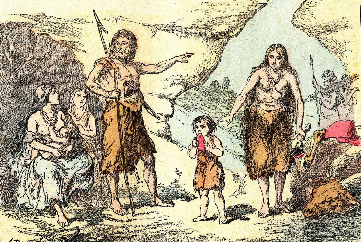 Una familia en la era de los renos (Prehistoria): Creación natural y seres vivos. Dibujo A. Demarle. 1885 de Alphonse Demarle
