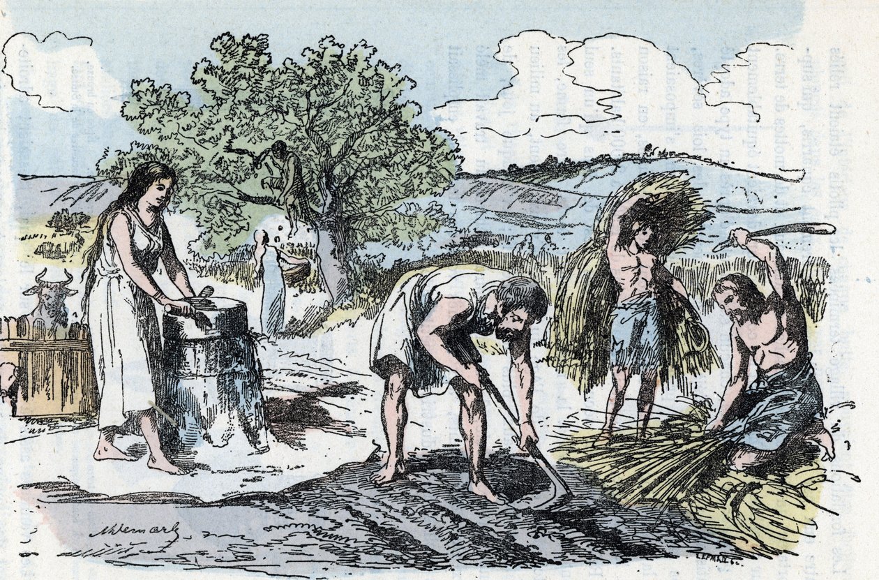 La vida cotidiana en la Prehistoria: escena del trabajo agrícola en la edad del hierro Grabado de "La nature et l