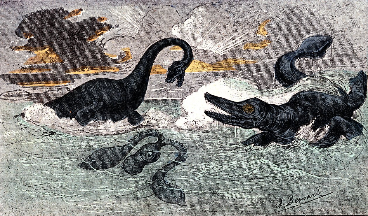 Periodo Lias (Jurásico Inferior): Plesiosaurio e Ictiosaurio, creación natural y seres vivos (por Jules Rengade) Dibujo de A. Demarle. 1885 de Alphonse Demarle