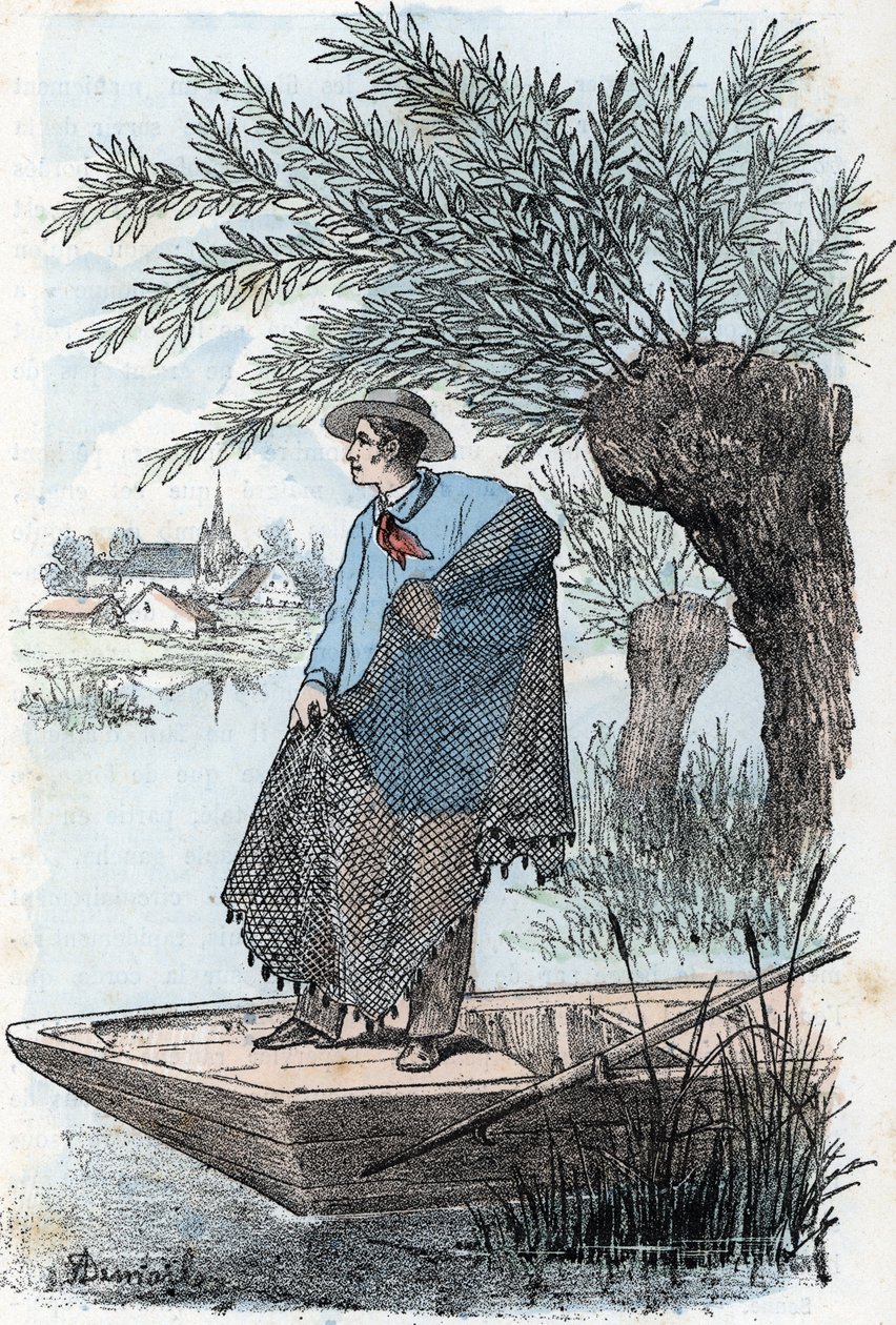 Pesca con red Grabado de "Las necesidades de la vida" de Rengade de Alphonse Demarle