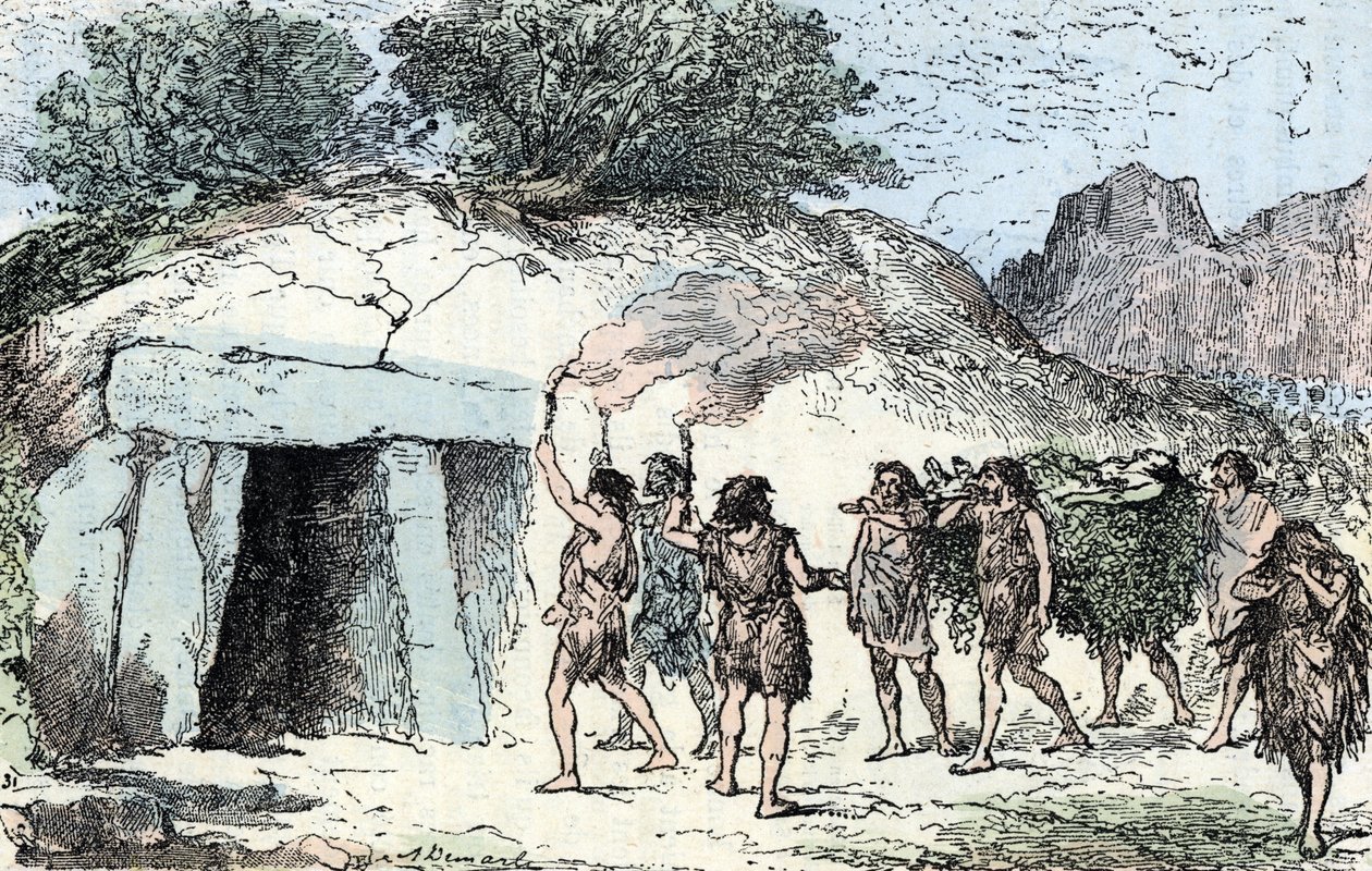 Prehistoire, neolithic; ceremony funebre (Prehistoria, neolítico: ceremonia funeraria) Grabado de "Nature and Man" de Rengade 1881 Colección particular de Alphonse Demarle